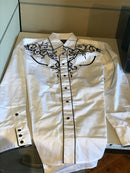 Men's Cotton Blend Retro Leaf Embroidery Western Shirt, White - Medium