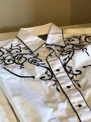 Men's Cotton Blend Retro Leaf Embroidery Western Shirt, White - Medium