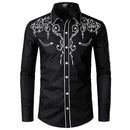 Men's Cotton Blend Embroidery Leaf Retro Western Shirt - Black