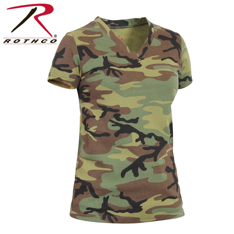 5653 Rothco Womens Long Length Camo V-Neck T-Shirt - Woodland Camo