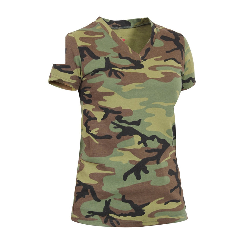 5653 Rothco Womens Long Length Camo V-Neck T-Shirt - Woodland Camo