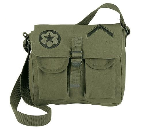 8277 ROTHCO CANVAS 2-PKT SHOULDER BAG - OLIVE DRAB WITH EMBROIDERED MILITARY PATCHES