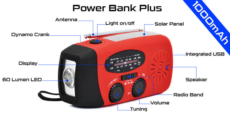 Tactical 365 Operation First Response Solar Crank Light AM/FM NOAA Radio 1000mAh Power Bank with Build in USB Cell Phone Charger Port